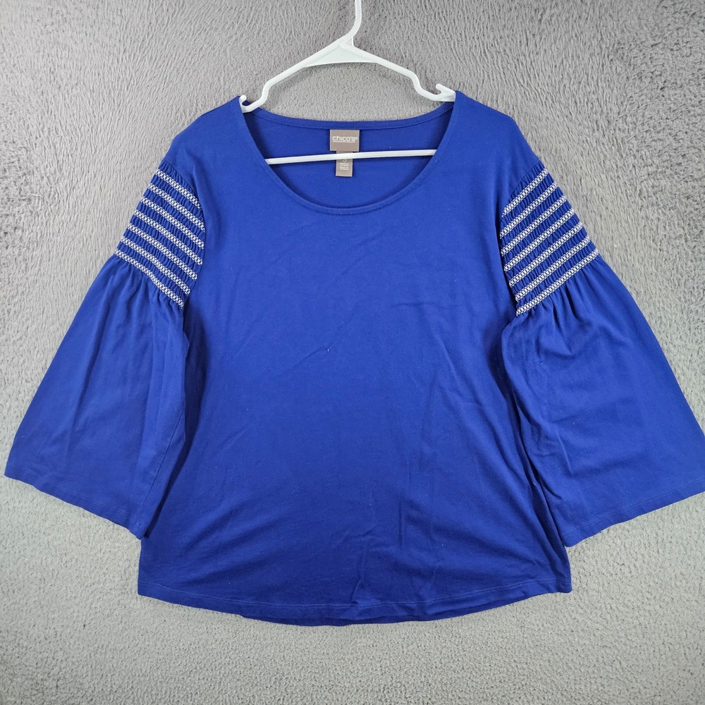 Chico's Blue Smocked Bell Sleeve Cotton Modal Top Size‎ 3 XL Scoop Neck